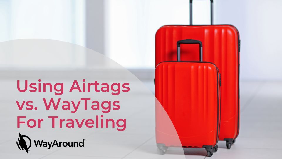 Two red suitcases on a tile floor. Text says Using Airtags vs. WayTags when Traveling