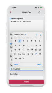Phone with the WayAround app showing the edit screen with a calendar interface.